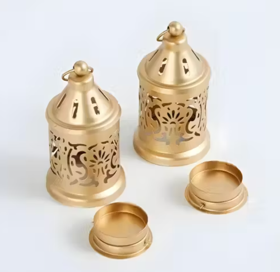 Luxury Golden Lantern Set of 2 Decorative Metal Candle Holders for Home, Office & Diwali Decor T-Light Holders for Festive Gifting