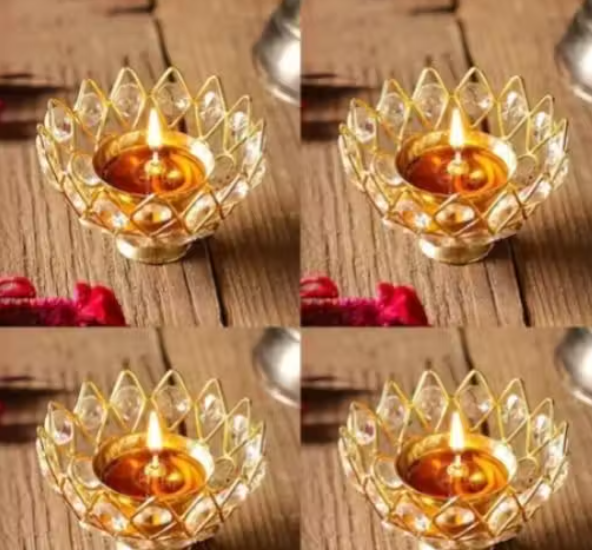 Brass Crystal Diya Set of 4 Small Akhand Deepak for Pooja Decorative Oil Lamps for Diwali, Temple and Home Décor