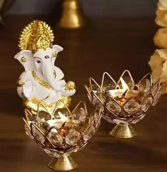 Brass Crystal Diya Set of 4 Small Akhand Deepak for Pooja Decorative Oil Lamps for Diwali, Temple and Home Décor