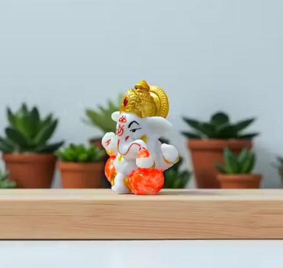 Handcrafted Lord Ganesha Idol Vastu Ganpati Murti for Home Temple, Office Desk & Car Dashboard Orange & Gold Resin Statue Gift