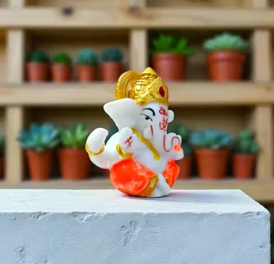 Handcrafted Lord Ganesha Idol Vastu Ganpati Murti for Home Temple, Office Desk & Car Dashboard Orange & Gold Resin Statue Gift