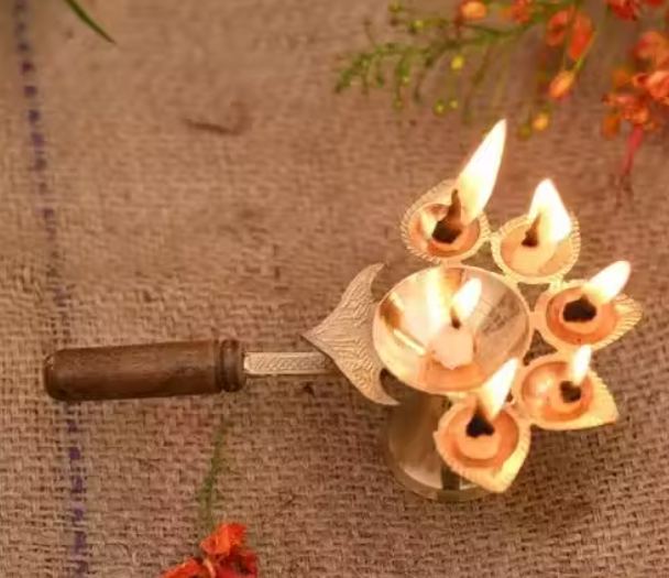 Brass Panch Aarti Diya with Wooden Handle Panch Arti Deepak for Pooja, Festivals & Temple Rituals