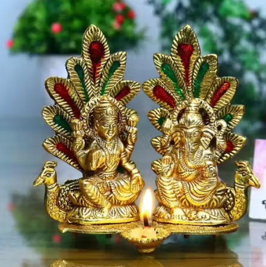 Laxmi Ganesh Idol Statue with Diya Peacock Design Decorative Showpiece – 14 cm Metal Gold
