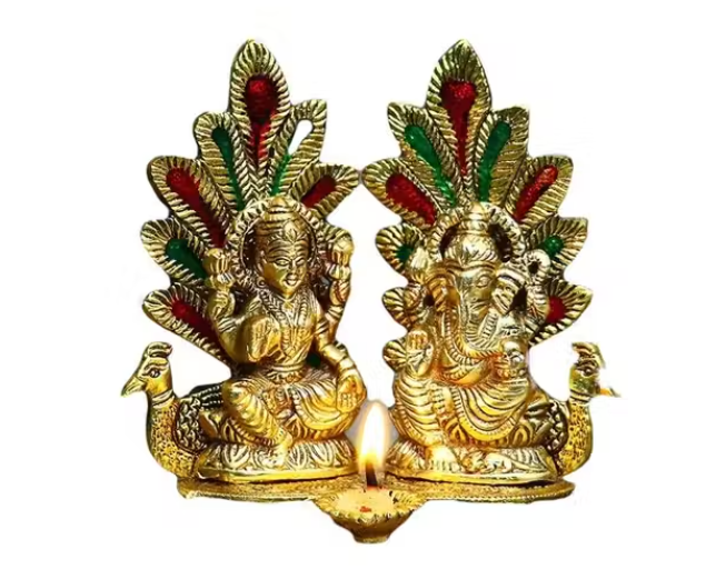 Laxmi Ganesh Idol Statue with Diya Peacock Design Decorative Showpiece – 14 cm Metal Gold