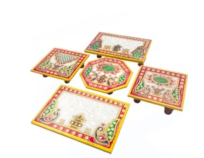 Floral Art Design Marble Pooja Chowki for Home Mandir Pack of 5