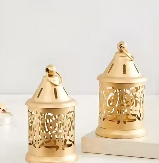 Luxury Golden Lantern Set of 2 Decorative Metal Candle Holders for Home, Office & Diwali Decor T-Light Holders for Festive Gifting