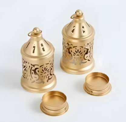 Luxury Golden Lantern Set of 2 Decorative Metal Candle Holders for Home, Office & Diwali Decor T-Light Holders for Festive Gifting