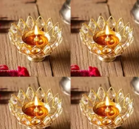 Brass Crystal Diya Set of 4 Small Akhand Deepak for Pooja Decorative Oil Lamps for Diwali, Temple and Home Décor