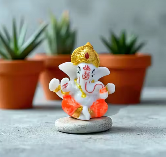 Handcrafted Lord Ganesha Idol Vastu Ganpati Murti for Home Temple, Office Desk & Car Dashboard Orange & Gold Resin Statue Gift