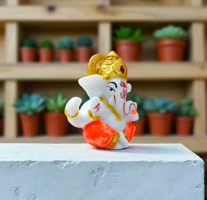Handcrafted Lord Ganesha Idol Vastu Ganpati Murti for Home Temple, Office Desk & Car Dashboard Orange & Gold Resin Statue Gift