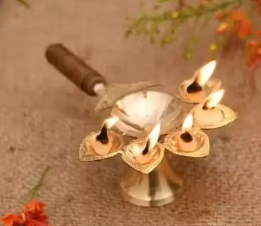 Brass Panch Aarti Diya with Wooden Handle Panch Arti Deepak for Pooja, Festivals & Temple Rituals