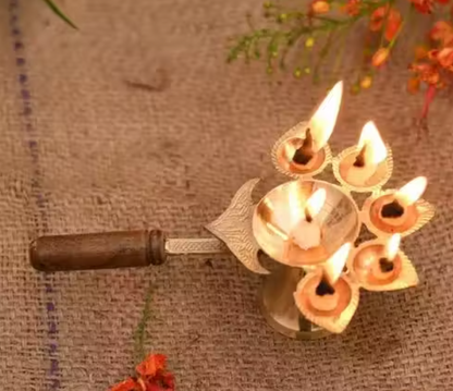 Brass Panch Aarti Diya with Wooden Handle Panch Arti Deepak for Pooja, Festivals & Temple Rituals