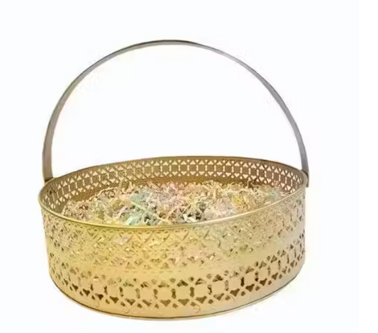 Round Metal Basket for Pooja Fruits Hamper Decorative Golden Basket