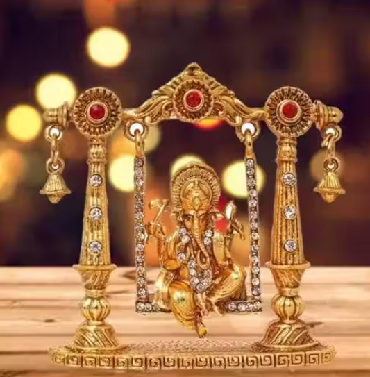 Car Dashboard Jhula Ganesh Idol Gold Brass Decorative Murti