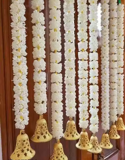 Handmade Decorative Mogra Bell Fluffy Artificial Bail Garland White Gold Pack of 4 for Home Office and Festival Decoration