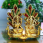Laxmi Ganesh Idol Statue with Diya Peacock Design Decorative Showpiece – 14 cm Metal Gold