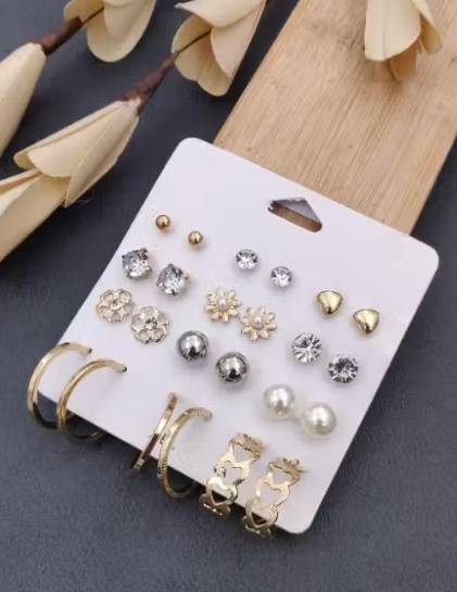 12 Pairs Elegant Stud Earrings Set for Women & Girls | Trendy Gold Plated Fashion Jewelry