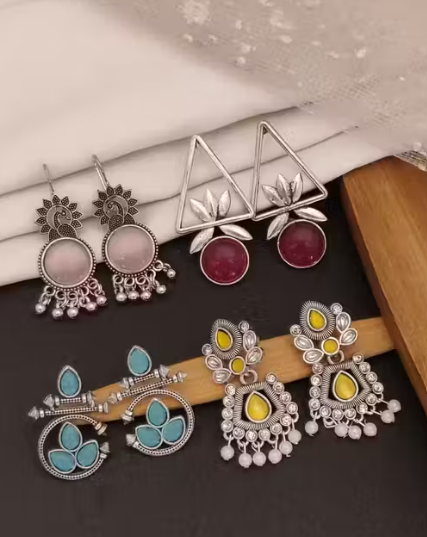 Earrings 4-Pack Combo for Girls | Oxidised Silver Chandelier Earrings with Pearls