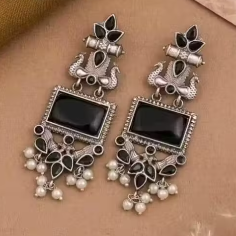Oxidised Silver Peacock Design Chandelier Earrings with Pearl Detailing | Women & Girls