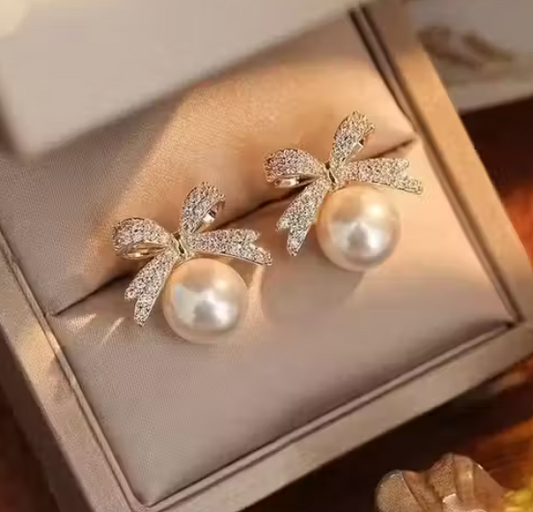 Classic Bowknot Pearl Stud Earrings | Korean Style Gold Plated Rhinestone Earrings for Women & Girls