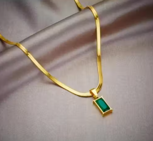 Gold Plated Stainless Steel Green Emerald Pendant Necklace