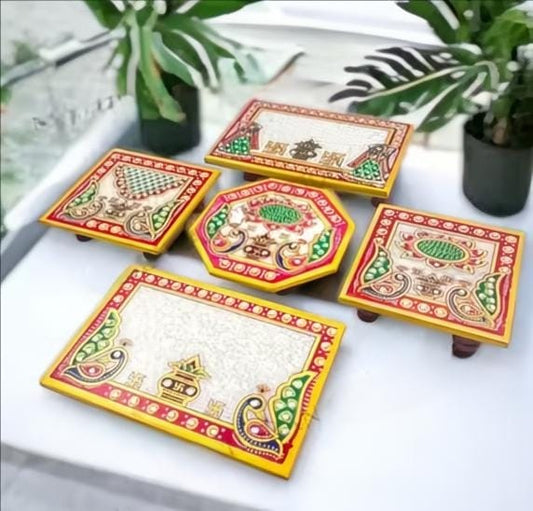 Floral Art Design Marble Pooja Chowki for Home Mandir Pack of 5