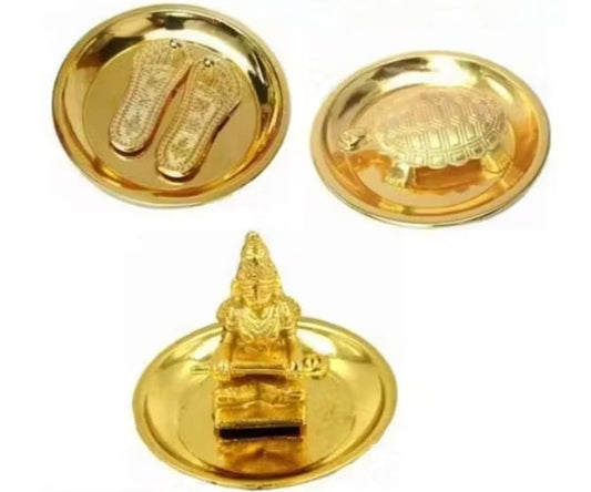 Maa Annapurna Devi Pooja Kit – Vastu Tortoise & Lakshmi Charan Paduka Yantra (Golden Plated Brass, Pack of 3)